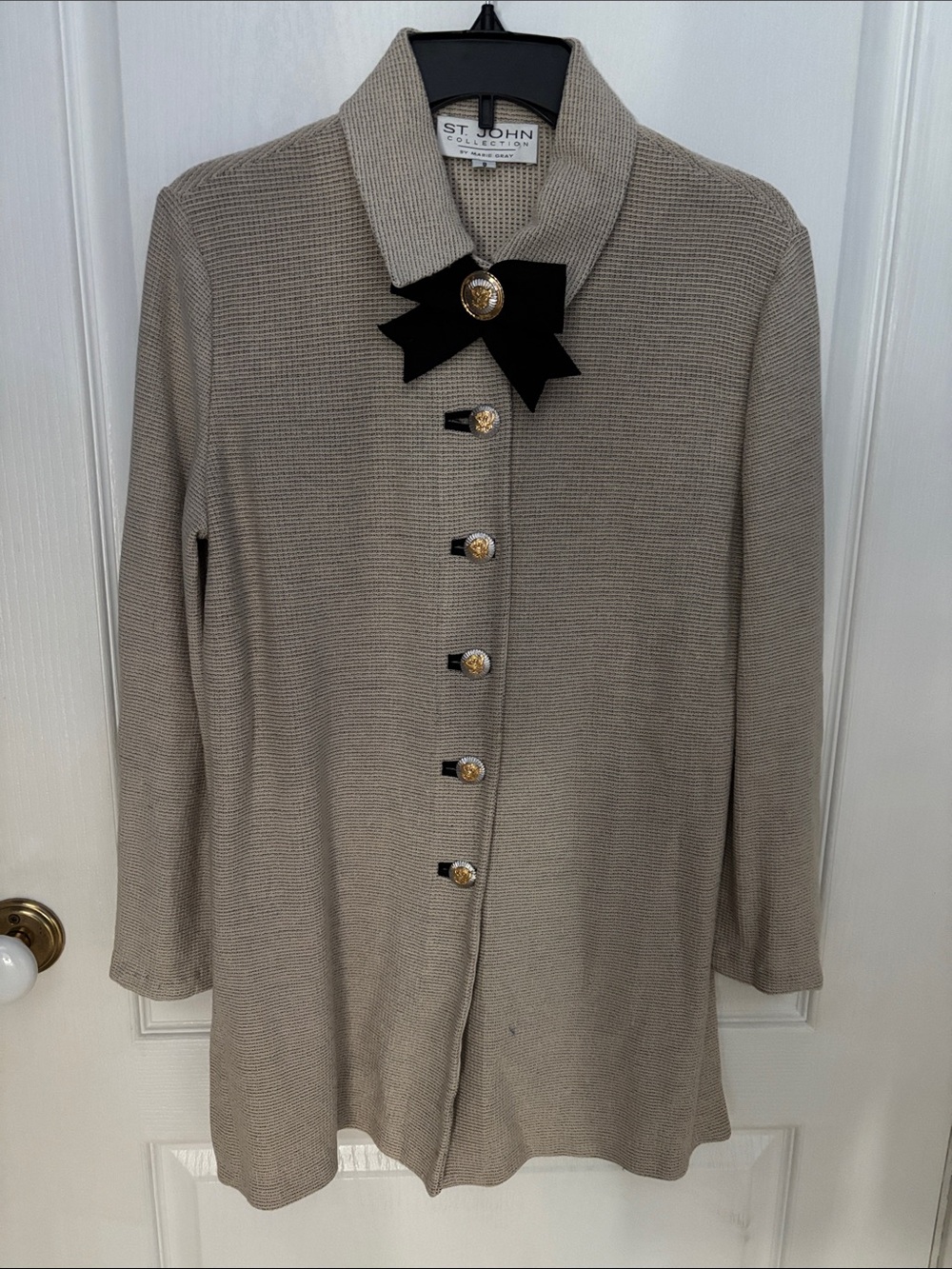 St. John Collection Beige Knit Trench Coat with Black Bow